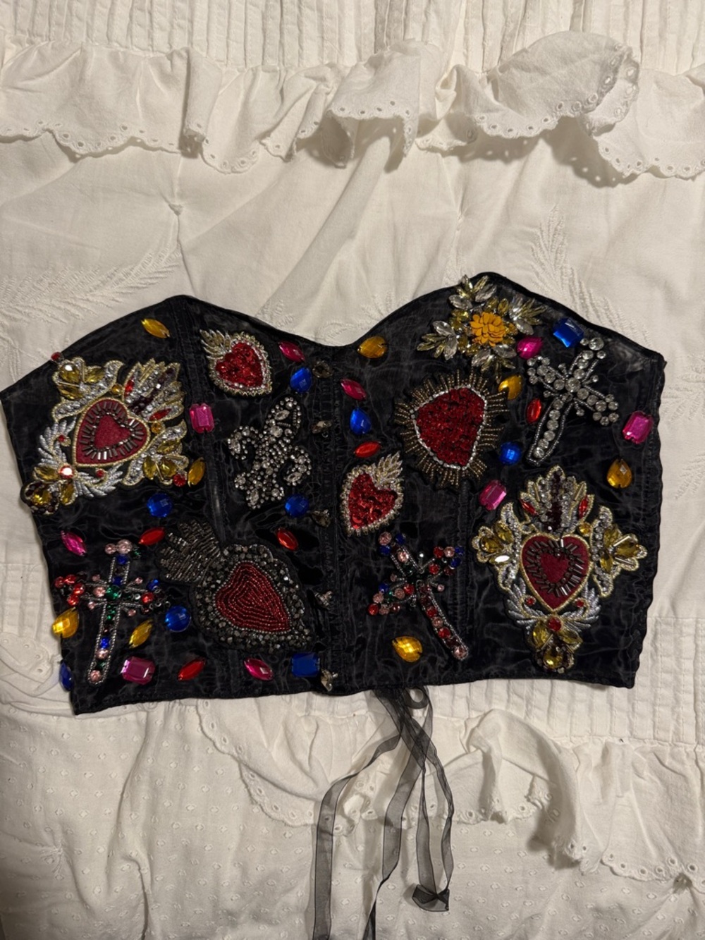 Dolls Kill Black Embellished Beaded Heart Corset Crop Top